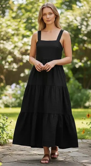 Banana Republic Black Cotton Tencel Tiered Maxi Dress Petite‎ 2 Smocked Back thumbnail 1
