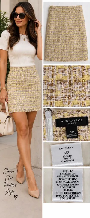 Ann Taylor Petite Yellow Tweed Pencil Skirt 4P Metallic Fringe thumbnail 2