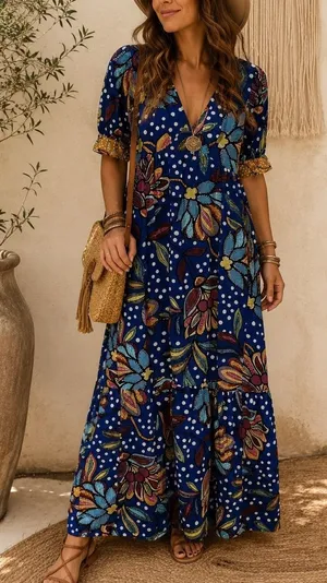 Tabitha Brown Size 0 Dress Maxi Mixed Floral Polka Dot Print Puff Sleeve thumbnail 1