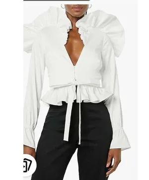 NEW White MAKING THE CUT Ruffle Long Sleeve Tie Front Jacket M $90 thumbnail 1