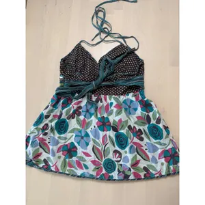 Womens‎ Floral Halter Top Brown Teal Boho Beaded Sequin Empire Babydoll Waist 8 thumbnail 2