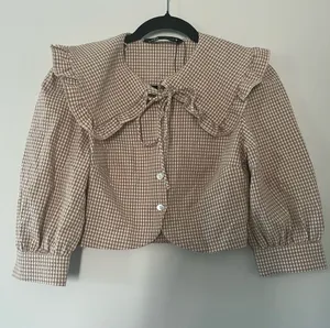 Zara Tan White Gingham Collared Puff Sleeve Top XS Cottagecore Western Farm thumbnail 1