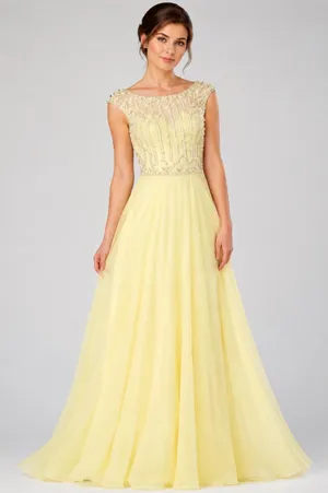 Sherri Hill Butter Yellow Beaded Cap-Sleeve Dress thumbnail 1
