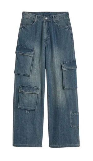 New H&M Divided Wide Leg High Cargo Jeans‎ Women's 2 US 34 EU Blue Denim Pants thumbnail 1