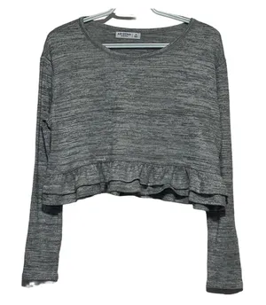 Arizona Jeans Junior Girl's Gray‎ White Long Sleeve Oversized Crop Top Size M thumbnail 1