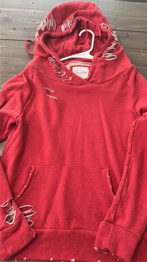 Chelsea DeBoer Lily & Lottie Red Distressed Hoodie Sweatshirt XS thumbnail 1