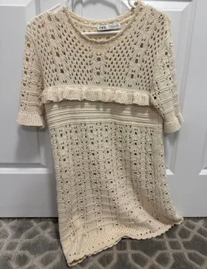 Zara Cream Lined Crochet Short Sleeve Dress thumbnail 1