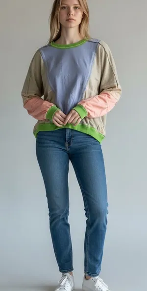 Bibi Colorblock Crewneck Longsleeve Sweatshirt in periwinkle and tan thumbnail 1