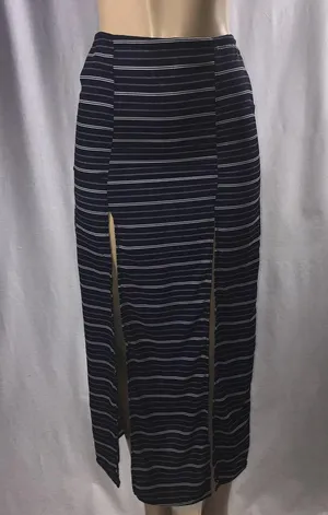 Navy Striped lined Skirt with front slits Blue thumbnail 1