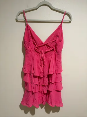 Hollister V-Neck Ruffle Tiered Mini Dress Lace Up Corset Back Hot Pink Medium thumbnail 5