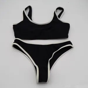2 Piece Bikini Set Women Small Black White Contrast Trim Stretch Ribbed Swimwear thumbnail 2