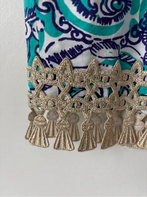 Lilly Pulitzer Eaton Mini Shift Dress Montauk Seafoam Paisley Gold Tassel Hem thumbnail 4