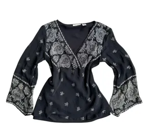 Y2K 100% Silk Boho Bell Sleeved Paisley Print V-Neck Blouse New York City CO thumbnail 1