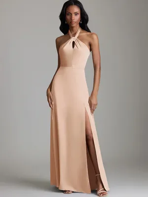 Azazie Tracie Maxi Dress English Rose A-Line Side Slit Stretch Satin Dress Sz 16 thumbnail 2