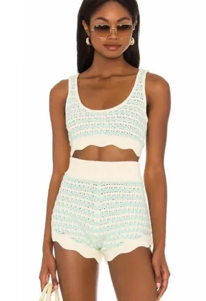 For Love & Lemons Lizzy Stripe Knit Short Mint Scallop Hem Coastal Crochet Boho thumbnail 1