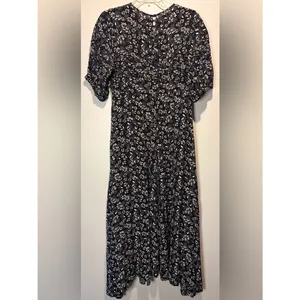 Free People Jessie Black Cream Ditzy Floral Smock Puff Sleeve Dress 90’s SZ 12 thumbnail 3