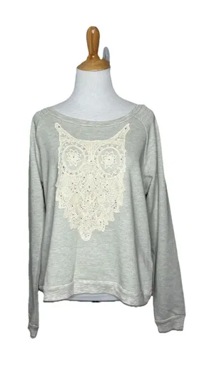 Miss Me Sweater Gray Pullover Long Sleeve Sweat Shirt Owl Knit Womens Large thumbnail 1