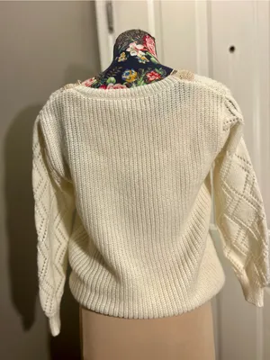 Cream Knit Lace V Neck Sweater Crochet Trim Pointelle Sleeve Pullover Small thumbnail 2