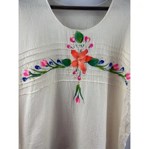 Women’s Handmade XL Cream Floral Embroidered Blouse thumbnail 2