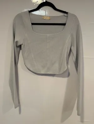 Altar’d State Corset style Light Gray Long Sleeve Square Neck Crop Top thumbnail 1