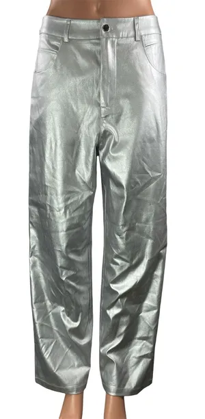 Commense Women's Silver Metallic High Rise Baggy Wide Leg Trousers Pants Size M thumbnail 1