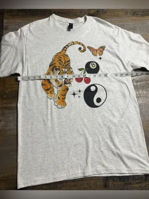 Gildan Light Gray Tee with Tiger, Butterfly, Cherries & Yin Yang Graphics thumbnail 6