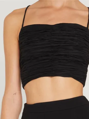 NWT kourt Debo Top size XS ruched black crop halter tie back Few Moda linen thumbnail 5