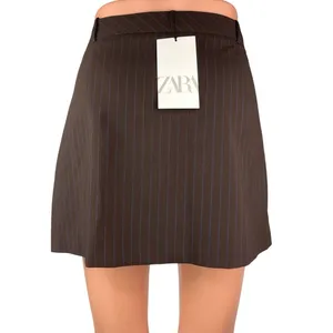 NEW Zara Women's Brown Blue Pinstriped Preppy School Girl A-Line Mini Skirt Sz L thumbnail 3