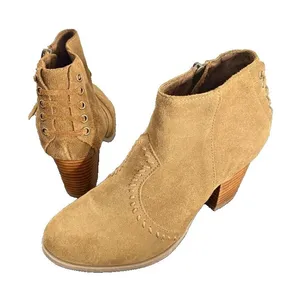 Minnetonka Suede Leather Chunky Block Heel Ankle Boots Womens 6 Western Brown thumbnail 1