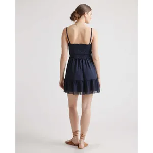 Quince Womens Chiffon Smocked Sleeveless Mini Dress Navy Blue XL thumbnail 2