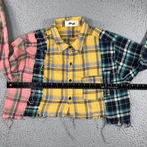 Patchwork Flannel Shirt Women L Cropped Colorblock Plaid‎ Grunge Punk Raw Hem thumbnail 7