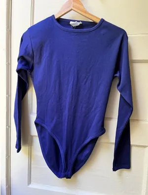 Vtg 90s Ann Taylor Crew Neck Bodysuit M Blue Cotton Long Sleeve Casual Office thumbnail 1