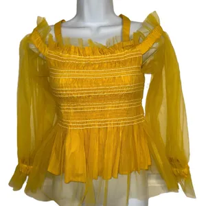 IRIS Bright Lemon‎ Yellow Smocked Cold Shoulder Tulle Puff Sleeve Peplum Top M thumbnail 2