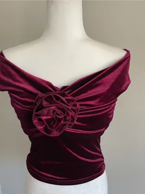 Reformation Off-Shoulder Velvet Crop Top in Burgundy thumbnail 2