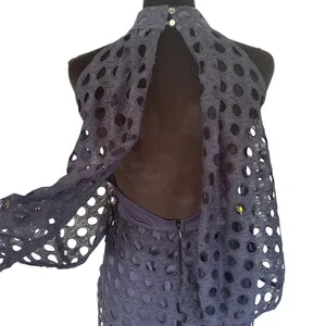 Navy Blue Eyelet‎ Lace Halter Romper High Neck Open Back Scalloped Hem Navy 0236 thumbnail 5