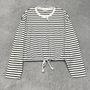 Madewell Top Womens M Black White Striped Drawstring Hem Long Sleeve‎ Tee NZ385 thumbnail 2