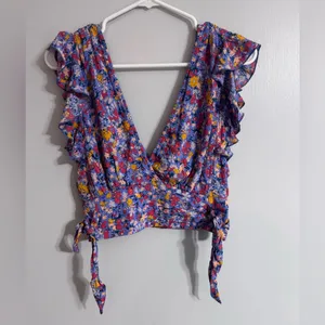 Free People Blue Purple Floral Ruffle Blouse Size Small thumbnail 5