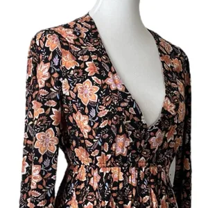 Billabong New Blouson Dress Deep V-neck Long Sleeve Black Floral Women’s Size M thumbnail 7