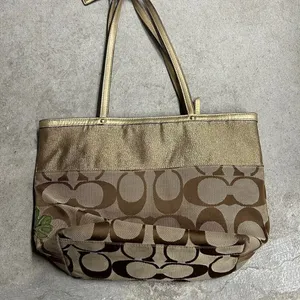 COACH Brown Signature Floral Embroidered Jacquard & Gold Leather Satchel Tote thumbnail 2