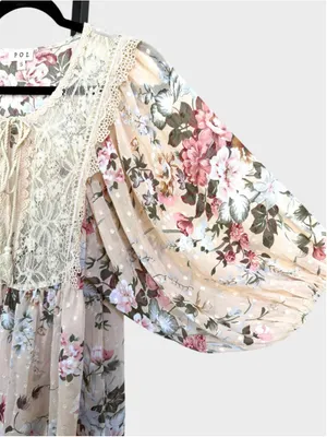 POL Floral Print Lace Detail 3/4 Sleeve Sheer Top Size S thumbnail 4