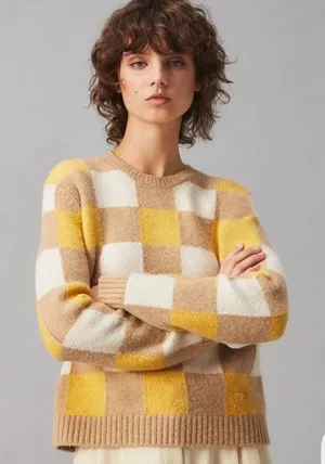 Tory Burch T6465 Intarsia Check Sweater Yellow Camel Ivory Size M thumbnail 1