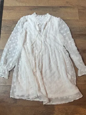 SHEIN White Swiss Dot Tie-Front Long Sleeve Mini Dress thumbnail 2
