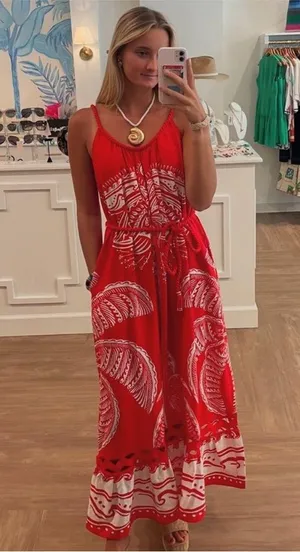 Farm Rio Red Majestic Coconut Tree Maxi Dress S thumbnail 5