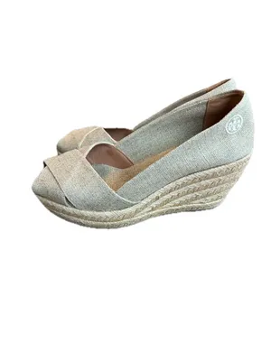 Tory Burch Tan Canvas Peep Toe Espadrille Wedges Platform Stretch Size 9 Women's thumbnail 5