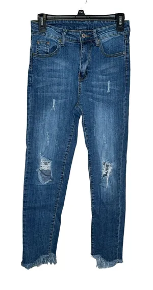 Unbranded Women's Jeans Distressed Frayed Hem Skinny Mid-Rise‎ Denim Blue Small thumbnail 1