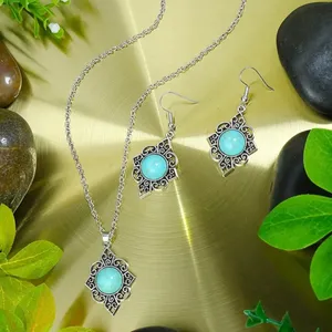 BJ Glamorous Vintage Style Floral Turquoise Gems Retro Necklace/Earring Set thumbnail 2