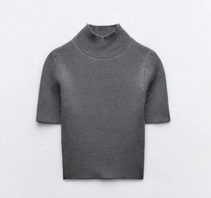 ZARA Gray Short Sleeve  ribbed knit Top thumbnail 4