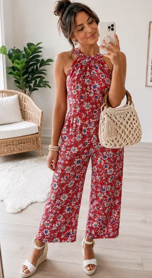 Loft Red Floral Jumpsuit Halter Neck thumbnail 1