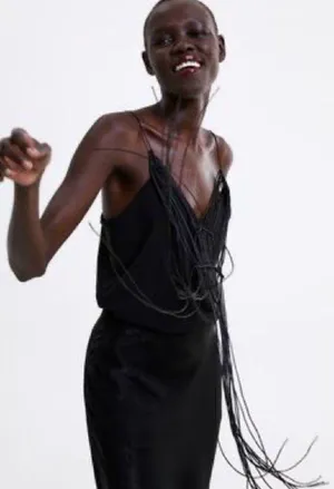 ZARA Front Tonal Macrame Trim Tank Top Black S NEW thumbnail 1