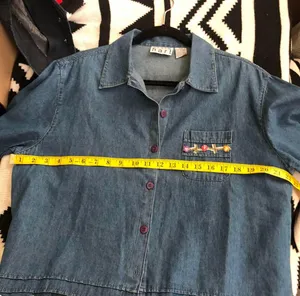1990s Blue denim button up down shirt blouse floral pattern, short sleeve, front pocket-100% Cotton thumbnail 4